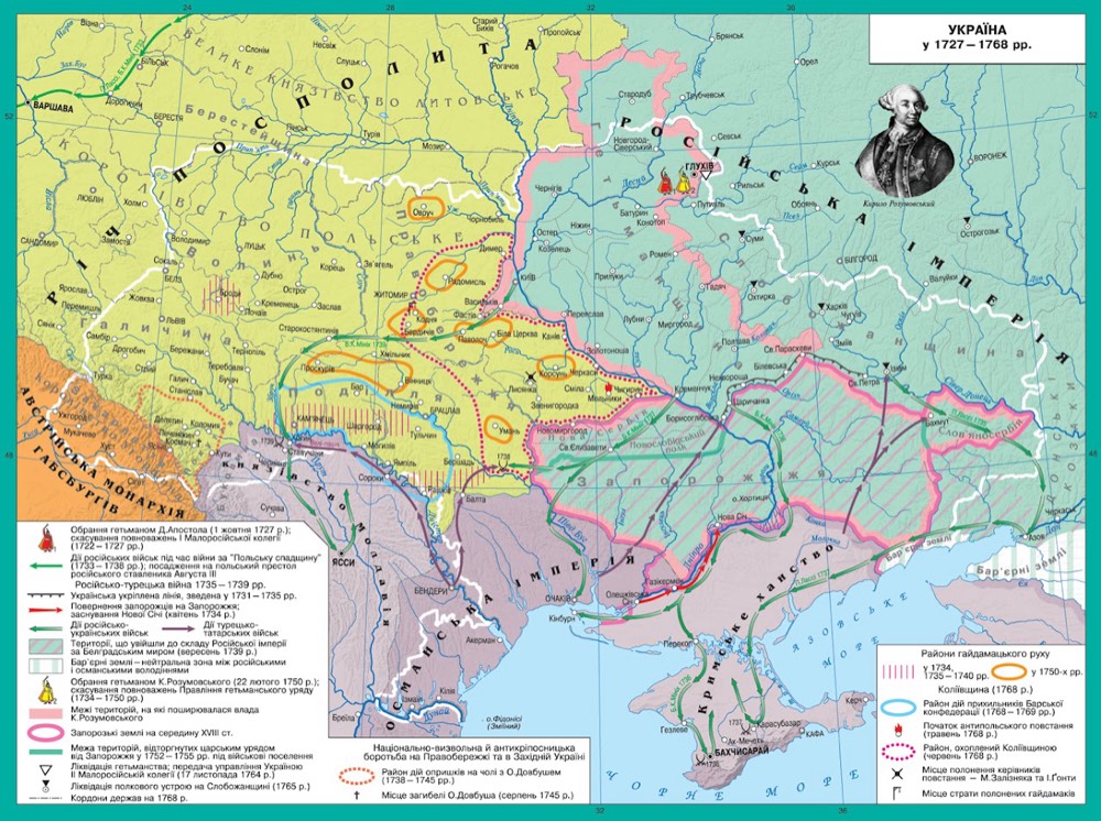<strong>Україна у 1727–1768 рр.</strong> Гетьманство Данила Апостола, Кирила Розумовського. Нова Січ на р. Підпільній. Гайдамацький рух, Коліївщина 1768 р. Ліквідація козацьких полків.